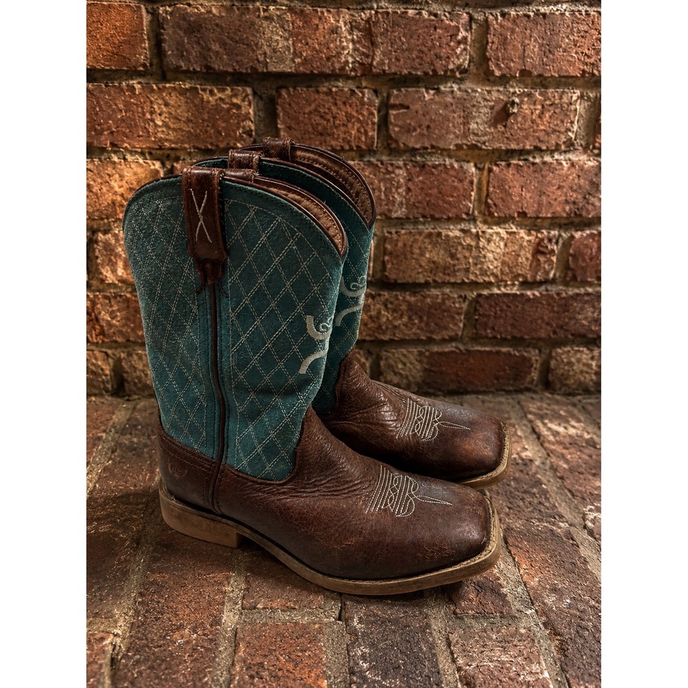 Twisted X Hooey Boot Brown Leather Teal Western Boots Kids 5 Rodeo Equestrian